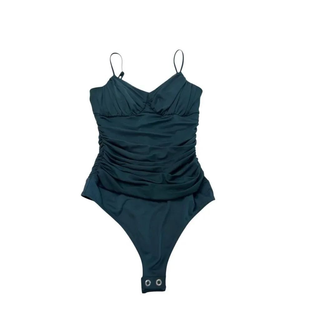 Express Women's Ruched Body Contour Sculpting Bodysuit Forest Green Size XS NWT